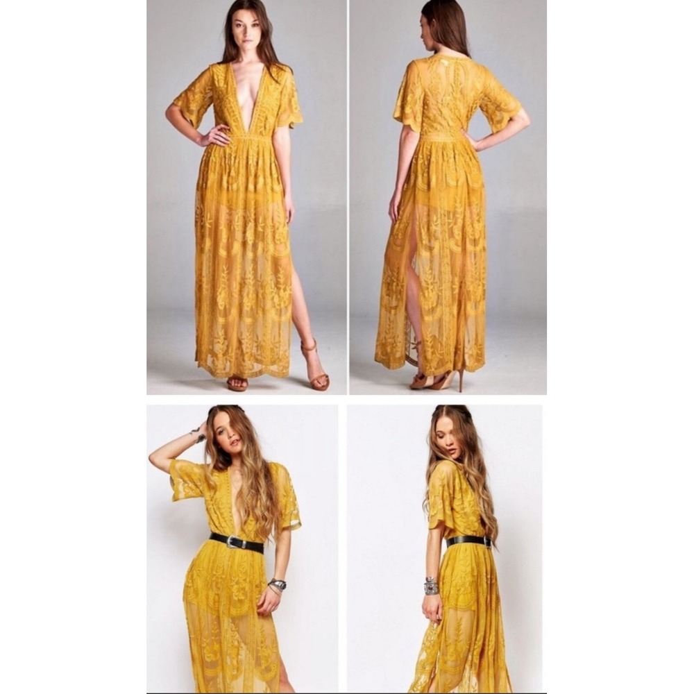 Honey Punch Mustard Yellow Lace Sheer Maxi Dress Floral Boho Festival Women Sz S
